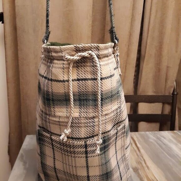 Plaid Retro Plaid Tote Double handle Bucket Shoulder Bag Purse Green Ivory LRG - Picture 8 of 11